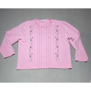 Womens XL Pink Embroidered Shirt 3/4 Sleeves Grandma Cottage Core Floral Cropped